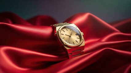 Gold luxury watch resting on red satin fabric elegant accessory