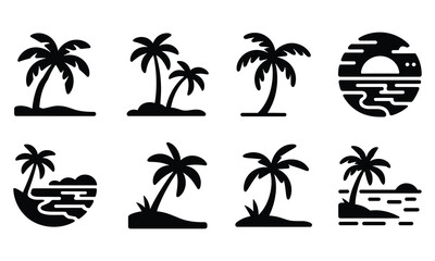 Fototapeta premium Set of 8 Palm Tree Silhouettes with Various Island and Water Compositions