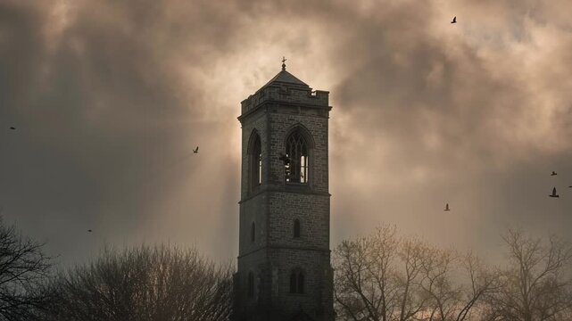 Old church tower emerging through early morning fog, wet stone texture visible. Soft sunlight breaks through clouds as distant birds cross the sky, creating a calm, atmospheric scene.
