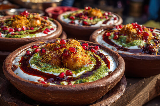 Dahi Bhalla with Colorful Chutneys