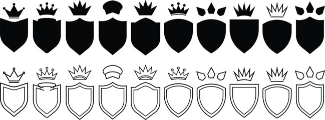 Royal Crown Shield Silhouette Set. Black Shield and Crown Icons. Crest and Shield Badge Icons.