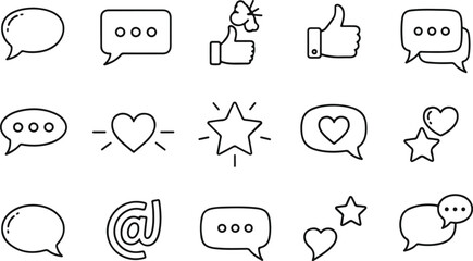 Hand Drawn Social Media Doodle Icons Set with Chat Bubbles, Likes, Hearts and Stars on White Background