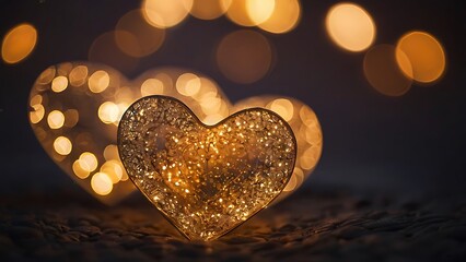 Fototapeta premium Warm glowing heart shaped bokeh lights with soft focus, creating a gentle and emotional atmosphere that represents affection, love, and emotional warmth.
