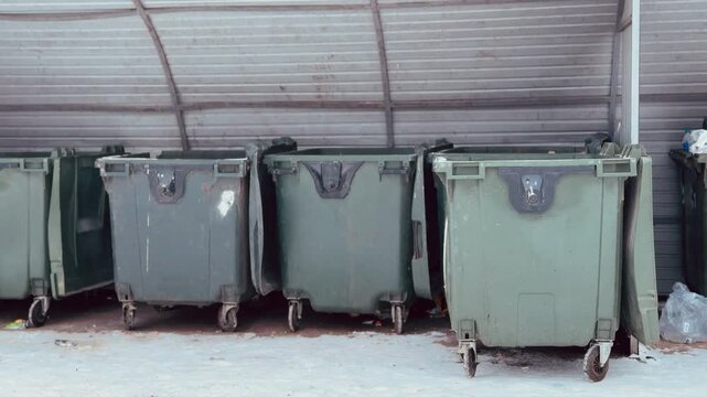 Dark green garbage bins in courtyard, lined under metal shelter on snow dusted concrete, empty wheels and closed lids, chipped paint and small stickers, quiet urban morning near apartment