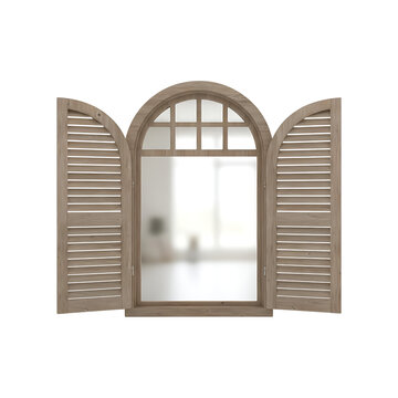 Wooden arched window with shutters open on blurred interior background isolated for architectural design and construction visualization projects here