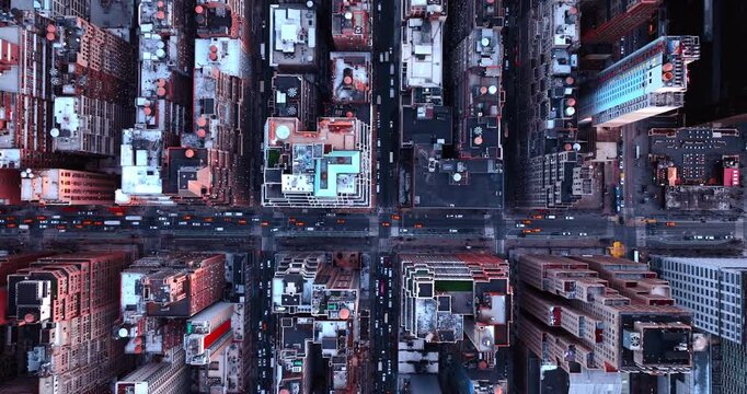 Streets of New York filled with private cars and yellow taxis. Footage over the tops of the buildings in the blocks of the metropolis.