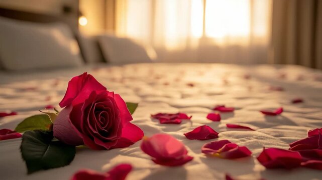 Romantic red rose and petals on a bed