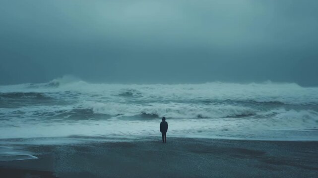 Person Standing Before Stormy Ocean Waves  Resilience and Challenge Concept in Dramatic Coastal Scene