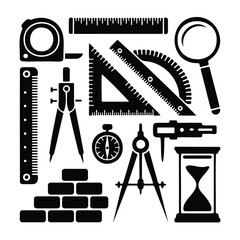 Technical Measuring Icon Set with Drafting Tools Ruler Compass and Hourglass