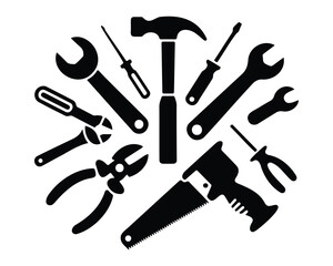 Hand Tool Icon Set of Mechanical Hardware and Repair Instrument Silhouettes