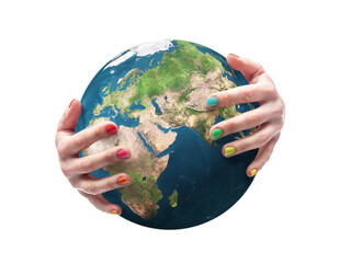 Earth globe being embraced by female hands with fingernails polished in multiple colors. Some elements of this image taken from NASA archive