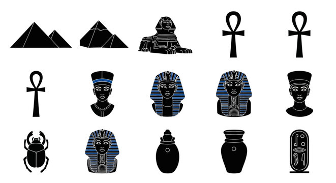 Ancient Egypt black vector icon set: pyramids, sphinx, ankh, pharaoh masks, Nefertiti, scarab, canopic jar, cartouche isolated on white