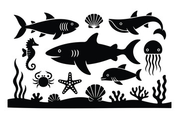 Sea Life Icon Set of Shark Whale Dolphin and Marine Animals