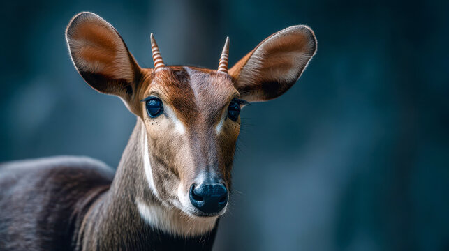 A tender portrait of a saola with its small horns and soft eyes, a close-up of the rare forest antelope, an elusive member of Asian wildlife