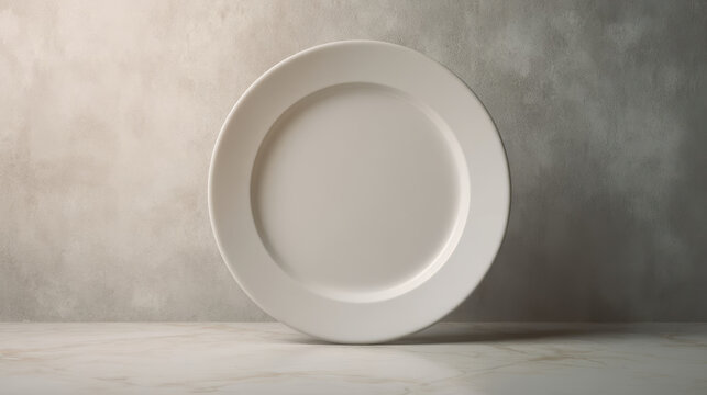Minimalist mockup of empty white plate on neutral surface, laconic tableware mockup