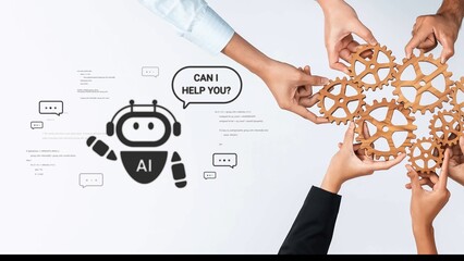 Obraz premium Hands Collaborating with Gears and AI Robot Offering Assistance Concept in Modern Technology Environment Gluon.