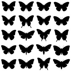 Black butterfly silhouettes vector set, various insect shapes and wing patterns, isolated on white