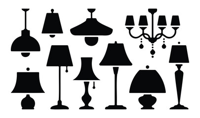 Lamp and Light Icon Set of Interior Lighting Furniture Silhouettes