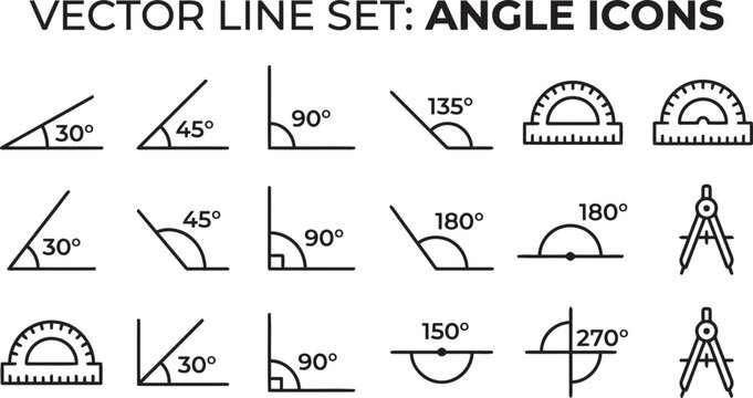 Vector Angle Icons: A collection of meticulously crafted vector line set angle icons, each representing precise degrees, perfect for illustrating geometric principles and measurements. 