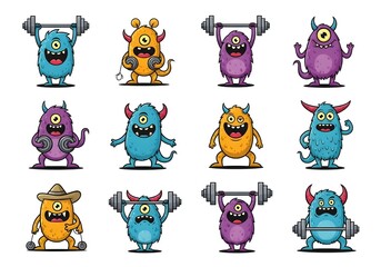 Funny Monster Fitness Icons &ndash; Gym, Running, Yoga, Sports Vector Pack