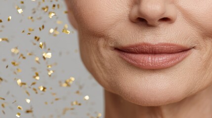 Fototapeta premium Closeup of a woman's lips and gold confetti in a celebration scene for beauty and party stock image