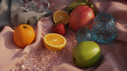 Still Life of Colorful Fruits: A vibrant arrangement showcases an array of fresh fruits, evoking the flavors of summer with juicy oranges, a ripe strawberry, and crisp apple, all set against a soft.