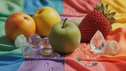 Vibrant Still Life: A colorful arrangement showcasing an array of fruits and sparkling crystals against a backdrop of rainbow-hued textiles, a celebration of beauty, texture, and light.