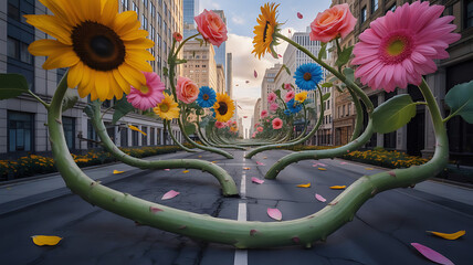 Urban Flowerscape: A whimsical urban flowerscape features oversized flowers arching across a city street, blending nature with the urban environment and bringing a touch of surreal beauty.