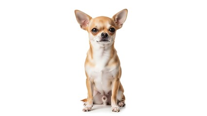 Obraz premium Adorable Short-Haired Fawn Chihuahua Sitting Alertly, Isolated on a Pure White Background: Perfect High Key Studio Portrait of a Tiny, Loyal Companion Dog Looking Directly at the Camera