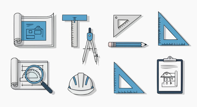 Collection of architectural and engineering tools and documents displayed on a clean white background from a straightforward viewpoint
