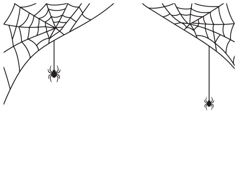 Spider web with spider hanging down from corner  two sets of cobwebs and spiders