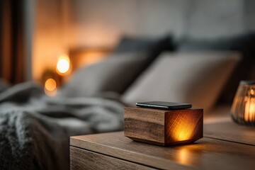 Digital detox mindful living box on nightstand cozy bedroom calm environment evening ambiance simple design for serenity