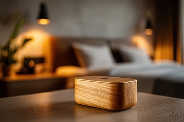 Daily mindful living simple digital detox box on nightstand bedroom serenity wooden decor tranquil environment relaxation concept