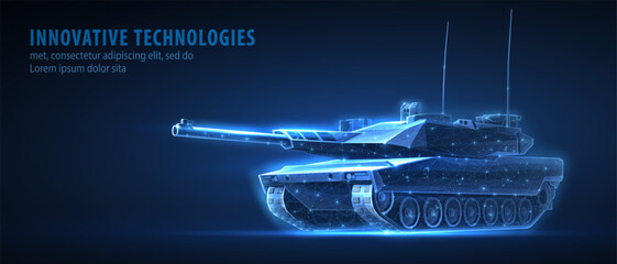 Modern tank on blue. Military technology, Autonomous weapons, Defence vehicle, Chobham Armor of tank, Artillery support, Combat vehicle, Active Protection, Military machine innovation concept.   © NeonGridStudio