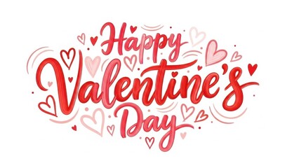 Happy valentine's day handwritten calligraphy with numerous hearts in varying shades of red and pink