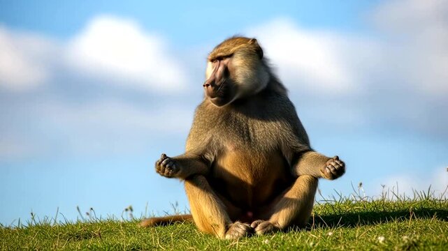 A serene baboon meditating on a grassy hill under a blue sky with fluffy clouds