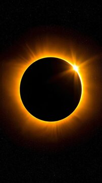 Stunning total solar eclipse display against a starry cosmos backdrop creating a cosmic spectacle and golden atmospheric glow.