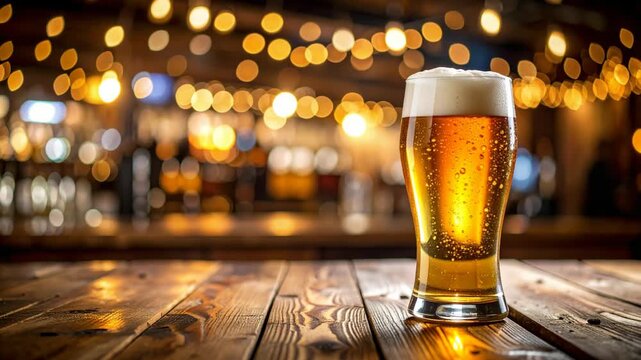 Refreshing pint of golden beer with frothy head stands on rustic wooden bar top with blurred warm, bokeh background of drinking establishment.
