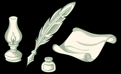 Vintage Engraving Illustration Set of Writing Tools and Oil Lamp,perfect for historical, literary, or retro-themed designs.