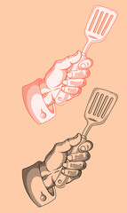 Vintage Engraving Illustration of Hand Holding Cooking Spatula,Perfect for restaurant branding, chef logos, culinary school graphics, or vintage-themed kitchen decor.