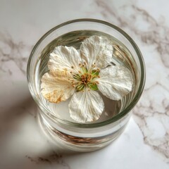 Mindful living daily habits topdown view of clear glass water with floating flower petals in serene home environment