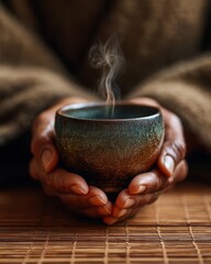 Mindful living zen tea ceremony closeup on hands holding warm ceramic cup tranquil setting serene environment