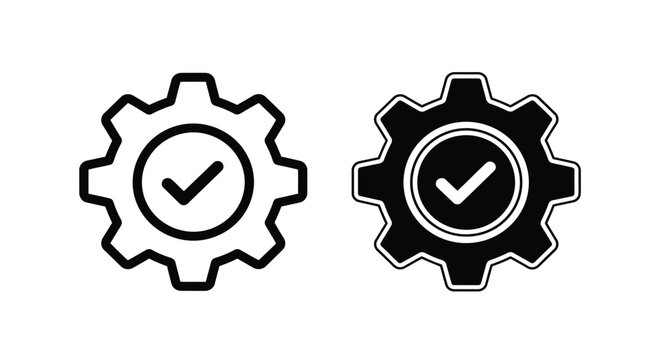 Two contrasting black and white gear icons with checkmarks inside representing approval or successful operations