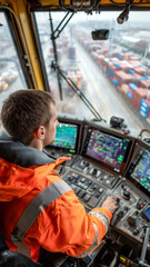 Obraz premium Operator at Work: Controlling Cargo in a Port, Focus on Precision and Safety