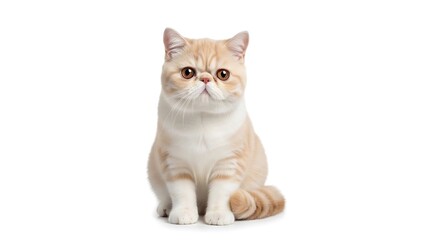 Obraz premium Adorable Cream Tabby Exotic Shorthair Cat Kitten Sitting Upright, Looking Directly at Camera, Detailed Studio Shot Isolated on Pure White Background for Pet Marketing Content
