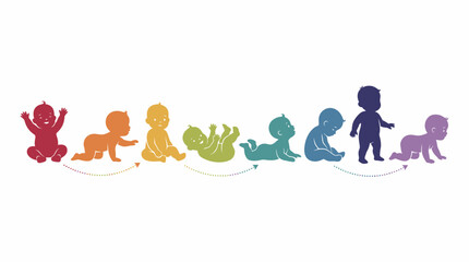 Obraz premium Baby Development Vector Timeline – Rainbow-Colored Silhouettes Showing Infant Growth Stages from Sitting to Crawling for Pediatric, Educational, and Parenting Use