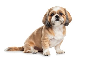 Fototapeta premium Cute Studio Portrait of a Fluffy Shih Tzu Dog Isolated on White Background for Pet Product Mockups, Veterinary Advertising, or Companion Animal Concepts