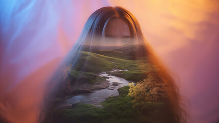 Mystical Merge: A portrait of a woman merges with a tranquil landscape, symbolizing the harmonious connection between self and nature. It evoke emotions of peace and unity.