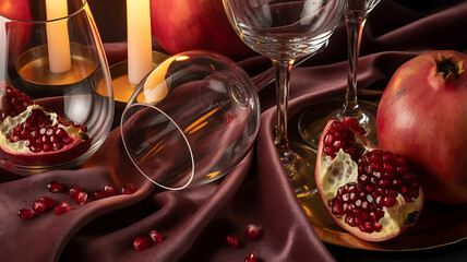 Pomegranate Elegance: The photo showcases a scene of opulent artistry, revealing half-eaten pomegranate jewels on satin fabrics and a collection of crystal glasses amid a low-lit, luxurious setting.