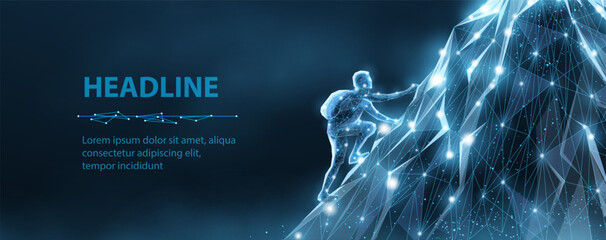 The man climb on the top of mountain. Climb to success, Travel adventure, Outdoor sports, Career growth, Dream achievement, Personal effort, Leadership motivation, Business mountain concept   © NeonGridStudio